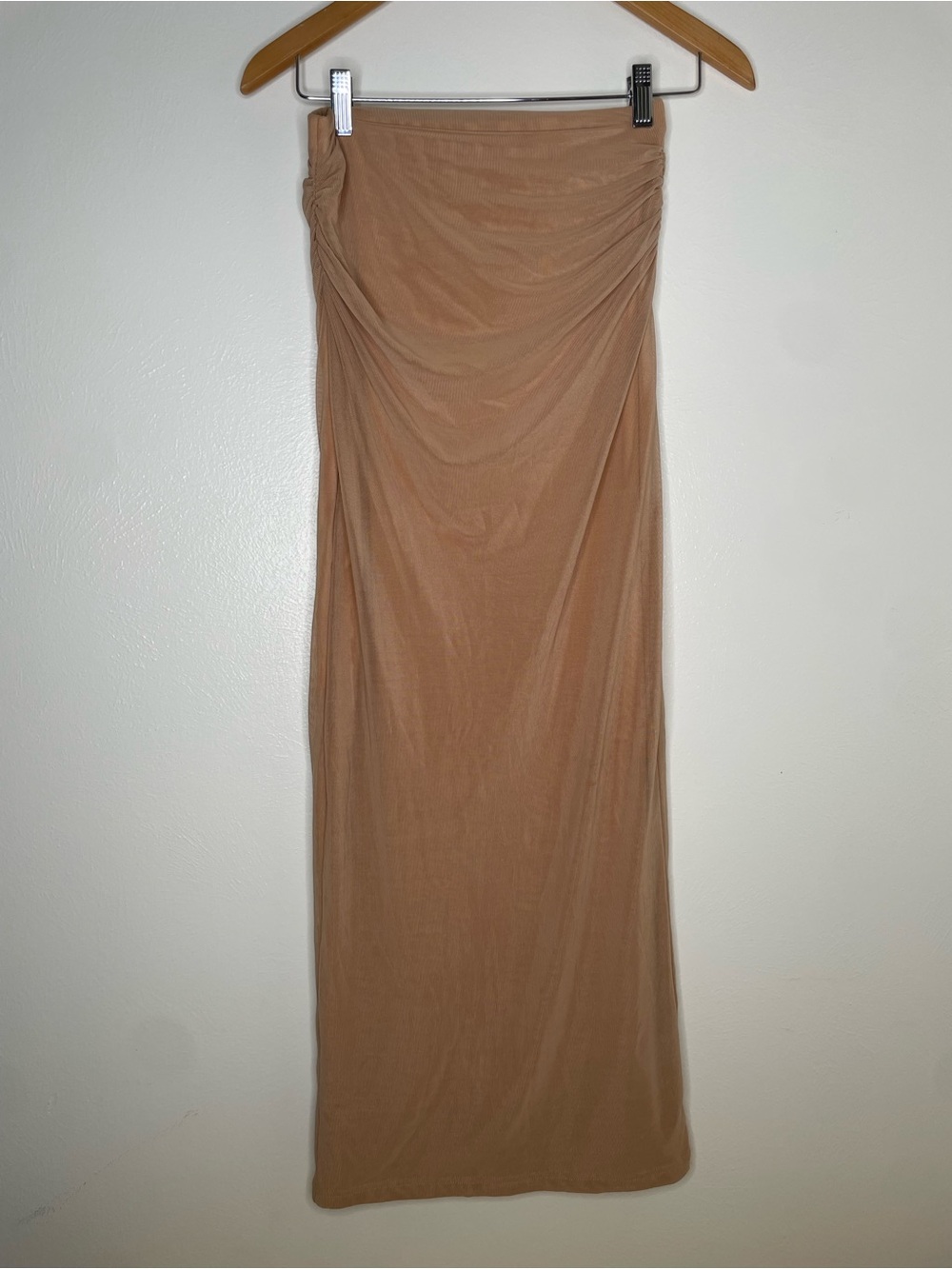 Women’s Tan Straight Maxi Skirt - Sleek Ruched Detail
